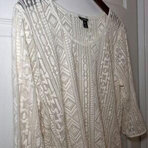 Eddie Bauer Shirt Women Large Ivory Sheer Lace Top Embroidered Mesh Feminine